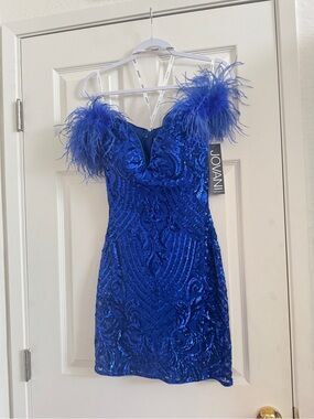 New with tag: Jovani Cobalt / Royal Blue Sequin Mini Dress Feather Shoulders